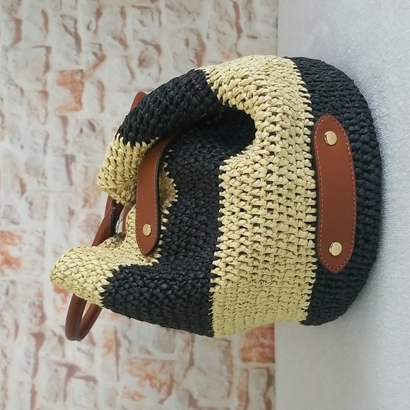 New Ralph Lauren Striped Straw Daphney Tote Bag - Picture 7 of 14